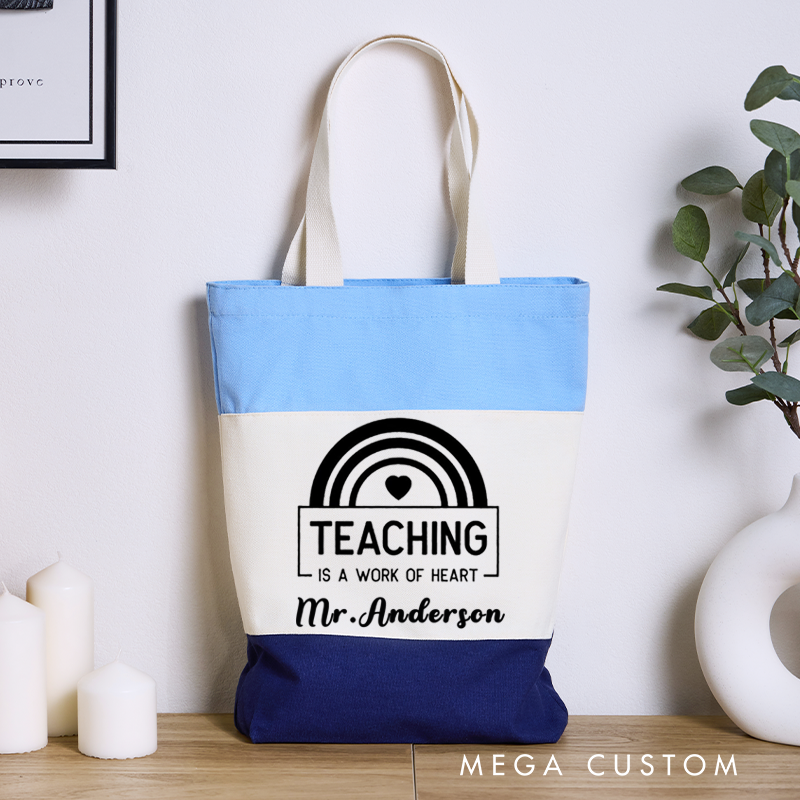 Personalized Teacher Tri Color Canvas Tote Bag Teaching is the Work of Heart Appreciation Gift for Teachers