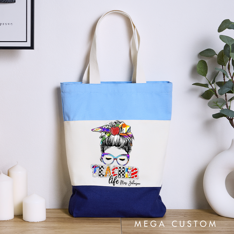 Personalized Teacher Tri Color Canvas Tote Bag Illustration of a teacher with Glasses Teacher Life Gift for Teachers