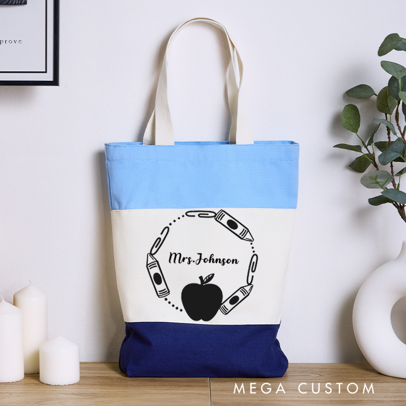 Personalized Teacher Tri Color Canvas Tote Bag Crayons and Paperclips Surrounding a Apple Appreciation Gift for Teachers