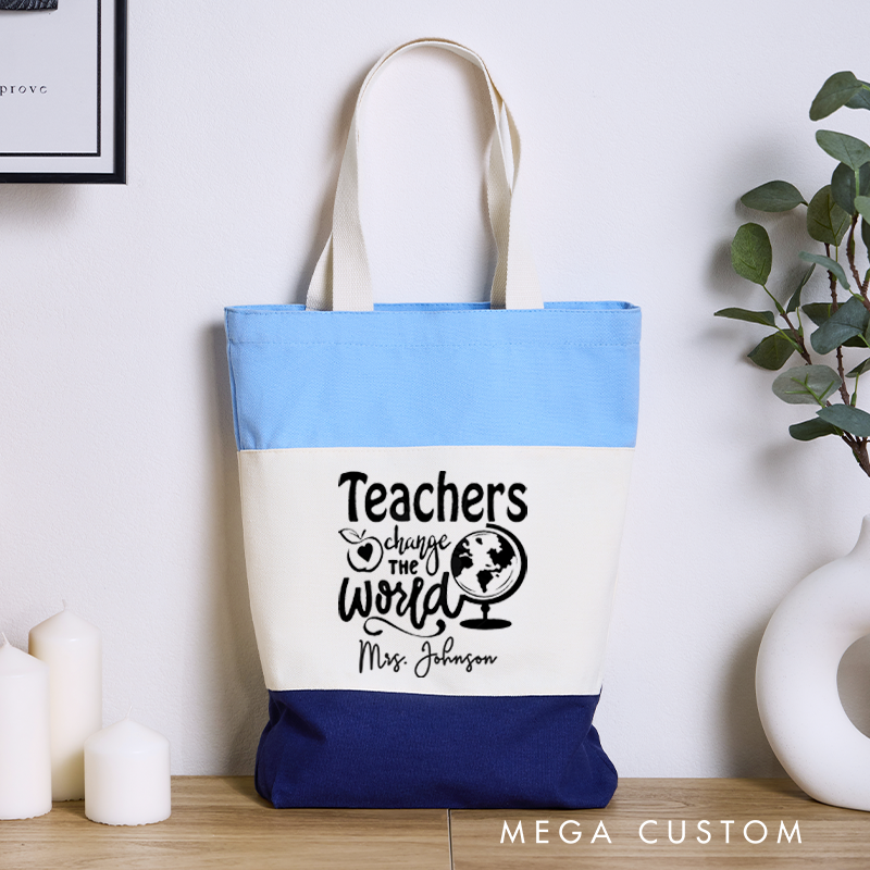 Personalized Teacher Tri Color Canvas Tote Bag Teachers Change the World Appreciation Gift for Teachers