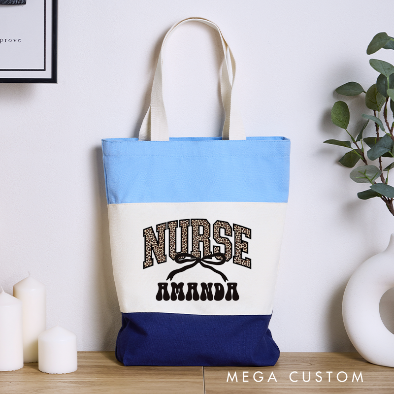 Personalized Nurse Tri Color Canvas Tote Bag Leopard Print Letters Design Appreciation Gift for Nurse