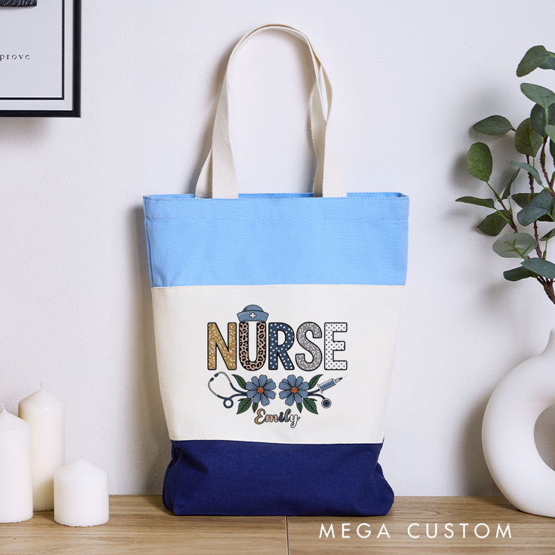 Personalized Nurse Tri Color Canvas Tote Bag Two Beautiful Blue Flowers Appreciation Gift for Nurse