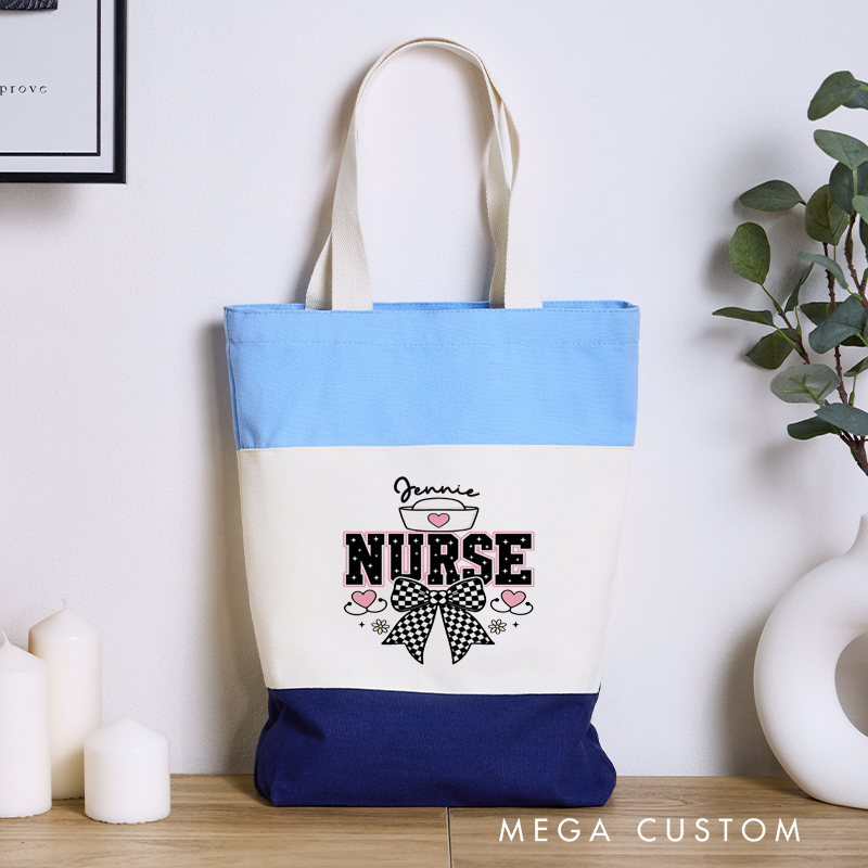 Personalized Nurse Tri Color Canvas Tote Bag Classic Nurse's Cap with a Heart Symbol Design Gift for Nurse