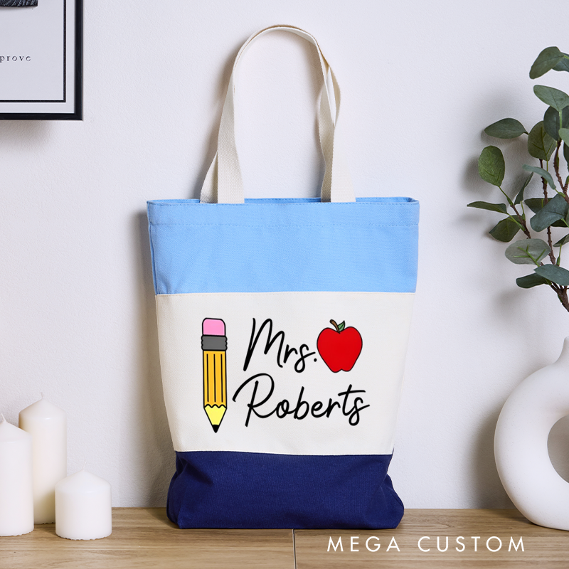 Personalized Teacher Tri Color Canvas Tote Bag Pencil Red Apple Appreciation Gift for Teachers