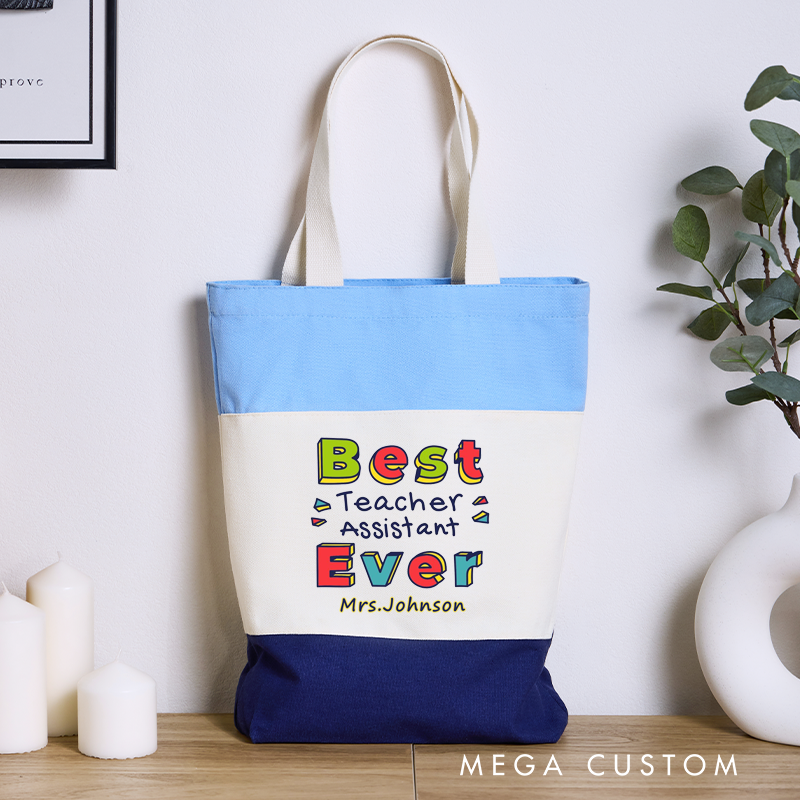 Personalized Teacher Tri Color Canvas Tote Bag Best Teacher Assistant Ever Appreciation Gift for Teachers