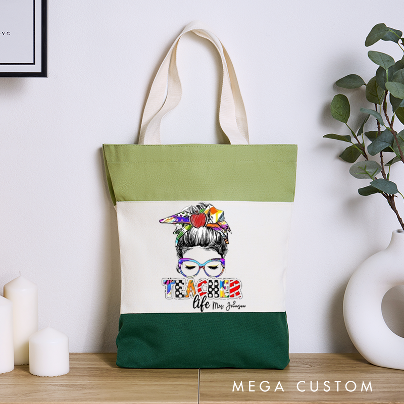Personalized Teacher Tri Color Canvas Tote Bag Illustration of a teacher with Glasses Teacher Life Gift for Teachers