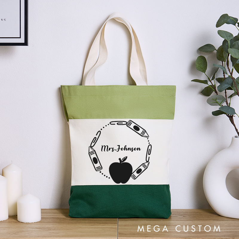 Personalized Teacher Tri Color Canvas Tote Bag Crayons and Paperclips Surrounding a Apple Appreciation Gift for Teachers
