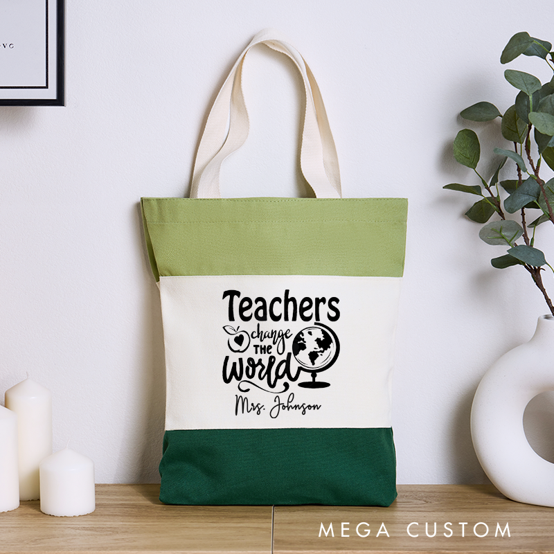 Personalized Teacher Tri Color Canvas Tote Bag Teachers Change the World Appreciation Gift for Teachers