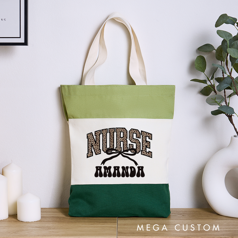 Personalized Nurse Tri Color Canvas Tote Bag Leopard Print Letters Design Appreciation Gift for Nurse