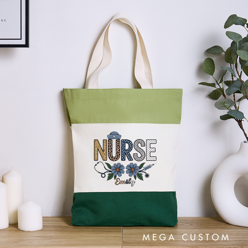 Personalized Nurse Tri Color Canvas Tote Bag Two Beautiful Blue Flowers Appreciation Gift for Nurse