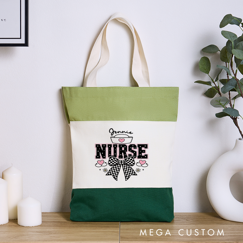 Personalized Nurse Tri Color Canvas Tote Bag Classic Nurse's Cap with a Heart Symbol Design Gift for Nurse