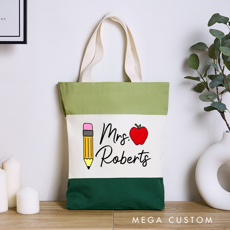 Personalized Teacher Tri Color Canvas Tote Bag Pencil Red Apple Appreciation Gift for Teachers