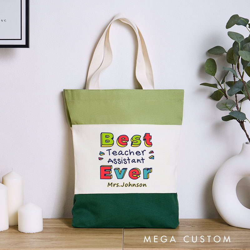 Personalized Teacher Tri Color Canvas Tote Bag Best Teacher Assistant Ever Appreciation Gift for Teachers
