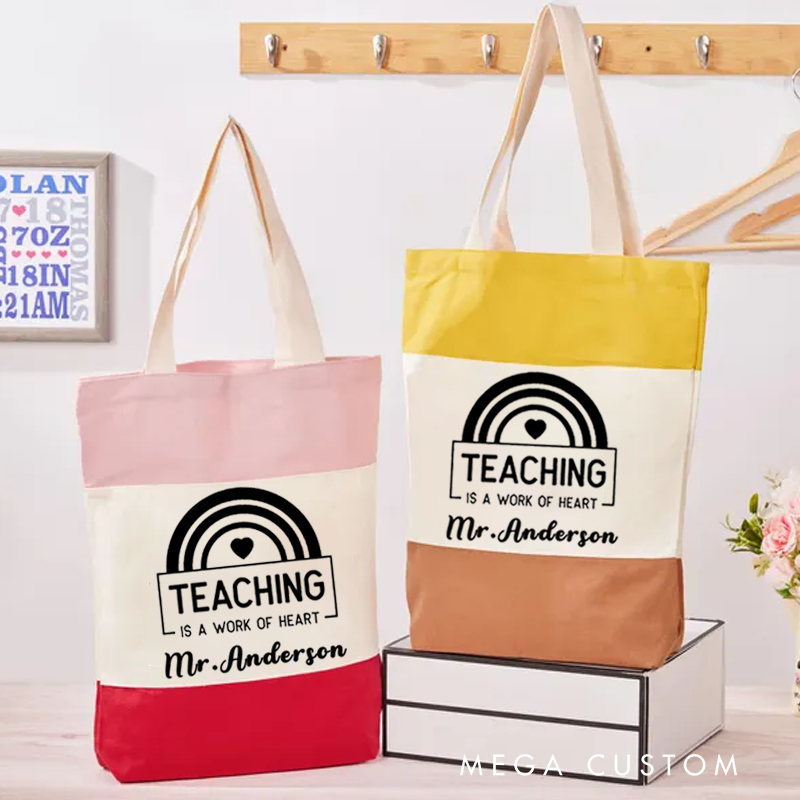 Personalized Teacher Tri Color Canvas Tote Bag Teaching is the Work of Heart Appreciation Gift for Teachers