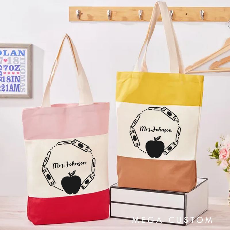 Personalized Teacher Tri Color Canvas Tote Bag Crayons and Paperclips Surrounding a Apple Appreciation Gift for Teachers