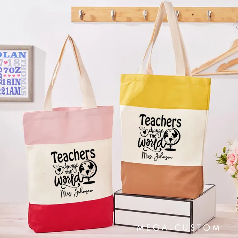 Personalized Teacher Tri Color Canvas Tote Bag Teachers Change the World Appreciation Gift for Teachers
