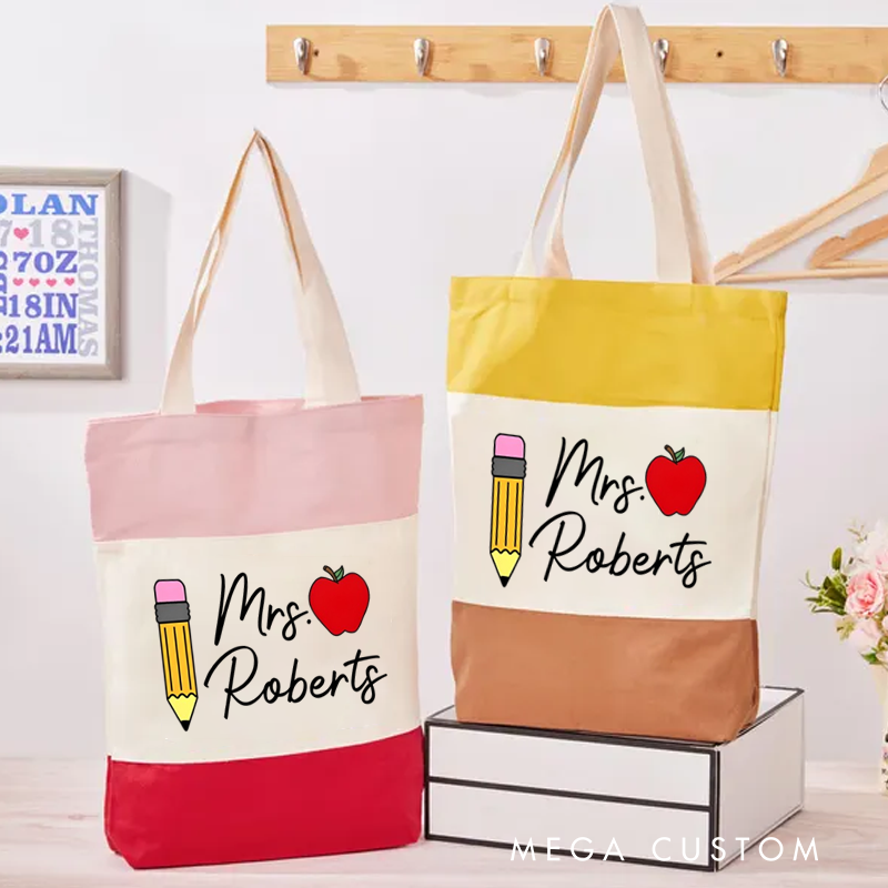 Personalized Teacher Tri Color Canvas Tote Bag Pencil Red Apple Appreciation Gift for Teachers