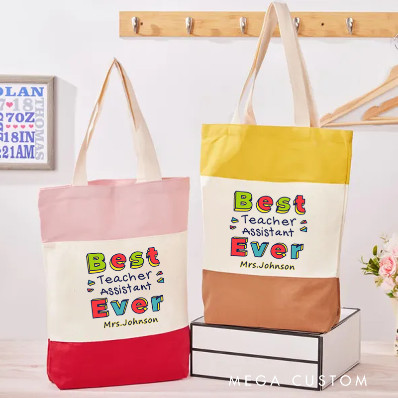 Personalized Teacher Tri Color Canvas Tote Bag Best Teacher Assistant Ever Appreciation Gift for Teachers