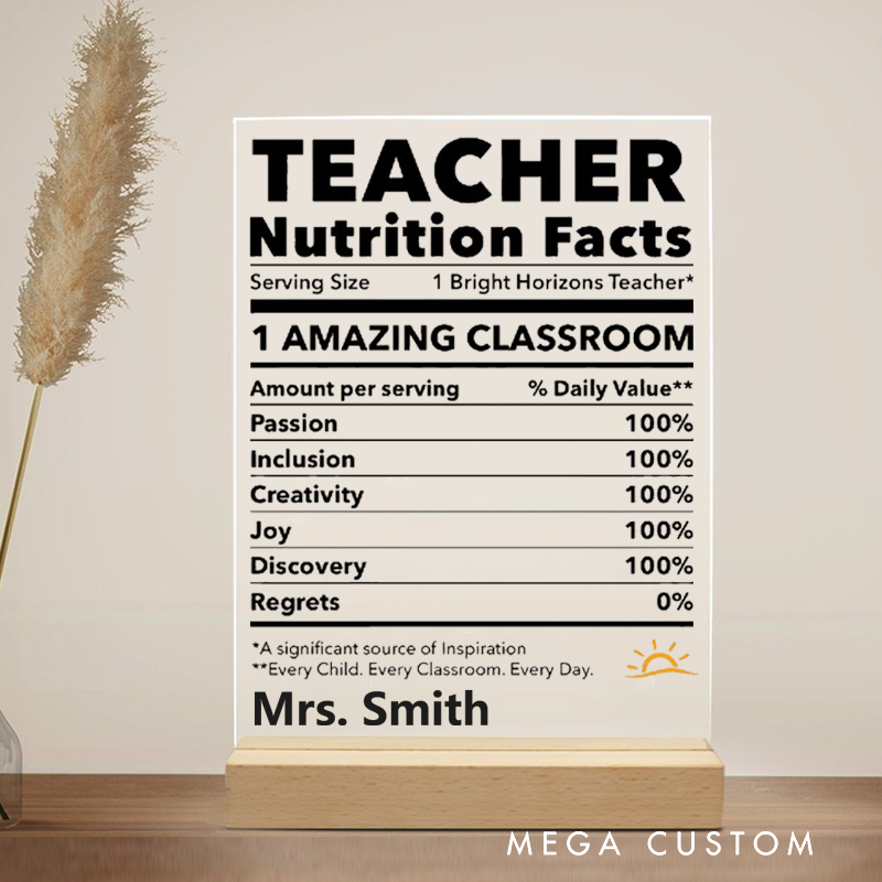 Personalized Teacher Desk Name Plate Teacher Nutrition Facts Acrylic Plaque Gift for Teachers