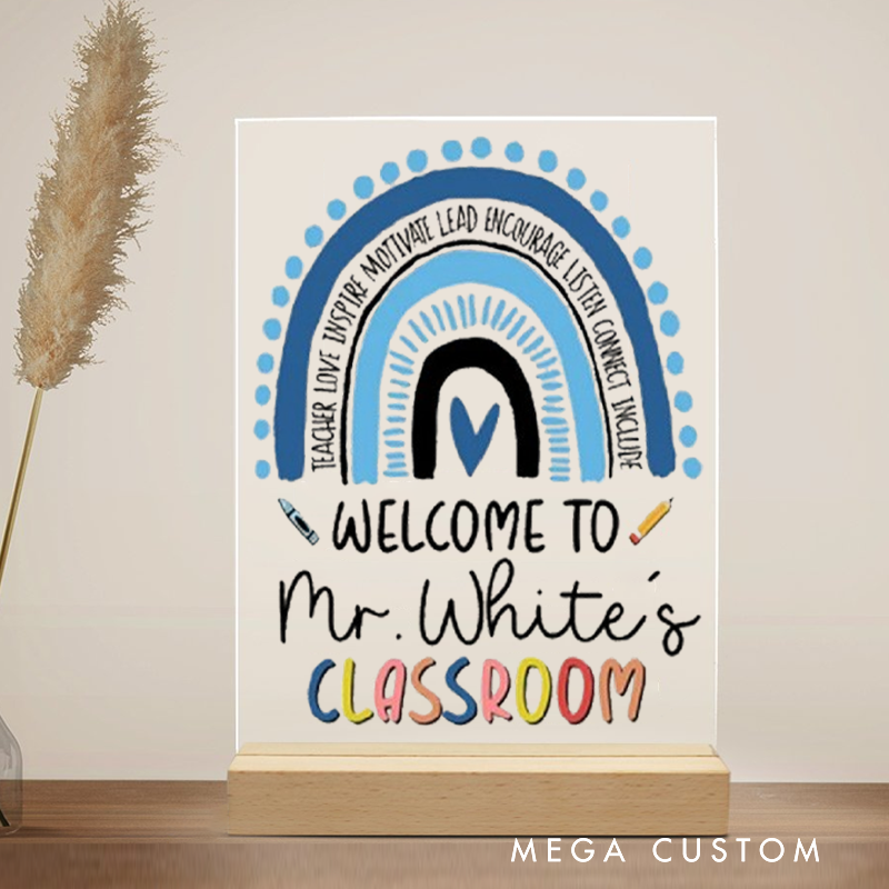 Personalized Teacher Desk Name Plate Colorful Hand Drawn Rainbow Acrylic Plaque Gift for Teachers