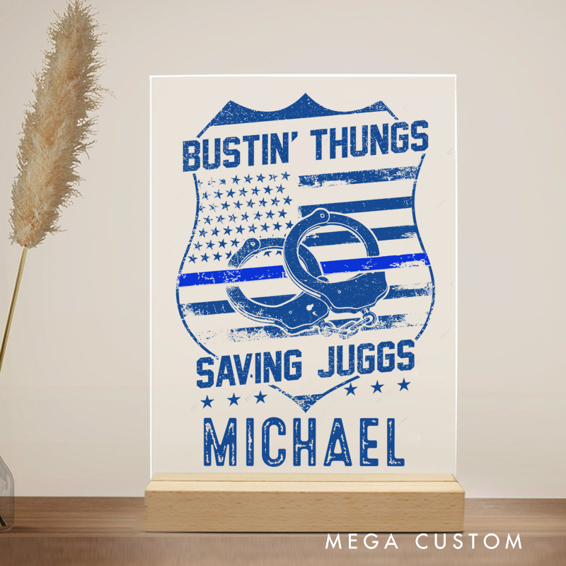 Personalized Policeman Desk Name Plate Bustin' Thungs Saving Juggs Appreciation Gift for Police officer