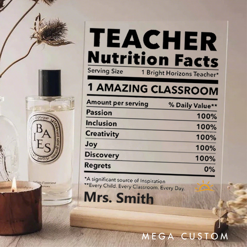 Personalized Teacher Desk Name Plate Teacher Nutrition Facts Acrylic Plaque Gift for Teachers