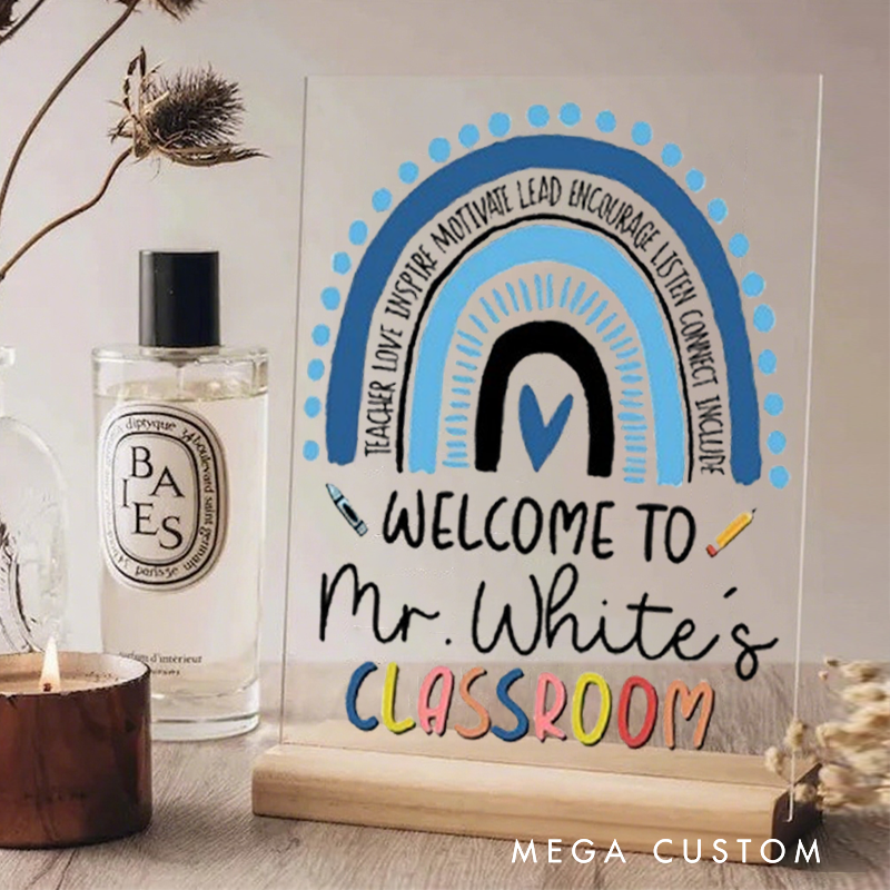 Personalized Teacher Desk Name Plate Colorful Hand Drawn Rainbow Acrylic Plaque Gift for Teachers
