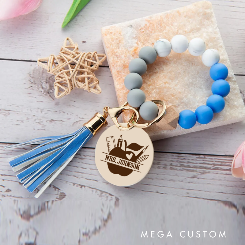 Personalized Teacher Keychain Silicone Beads Bracelet Keychain Wooden Engraved Wristlet Keychain Teacher Appreciation Gift