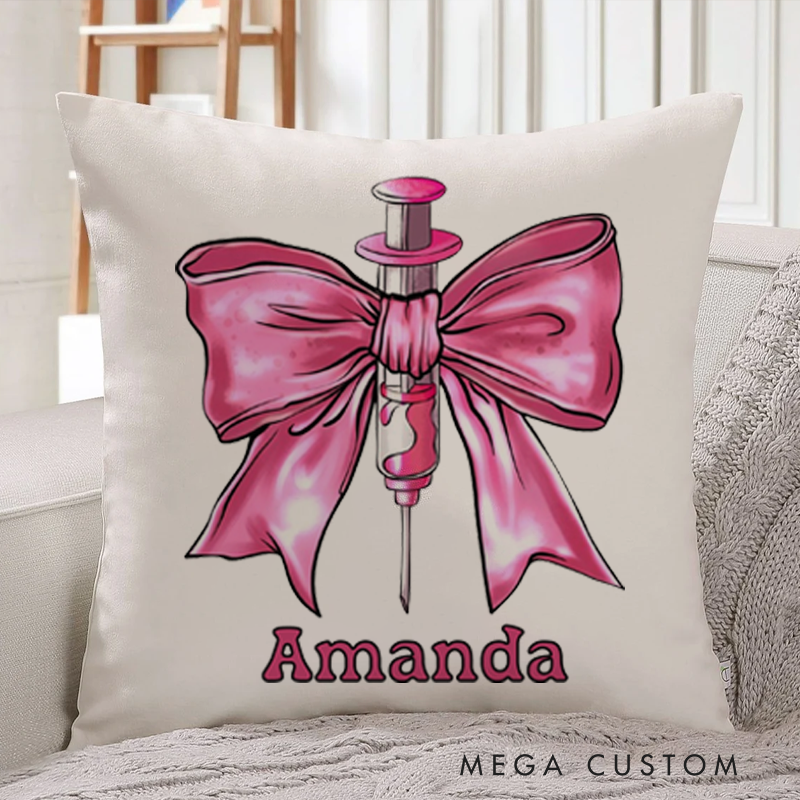 Personalized Nurse Pillow Nurse a Pink Bow Wrapped Around a Syringe Throw Pillow Appreciation Gift for Nurse