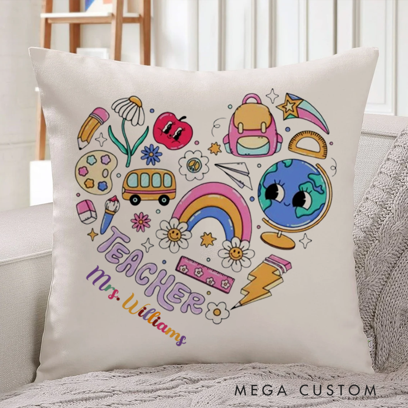 Personalized Teachers Throw Pillow School Related Elements Arranged in a Heart shape Design Appreciation Gift for Teachers