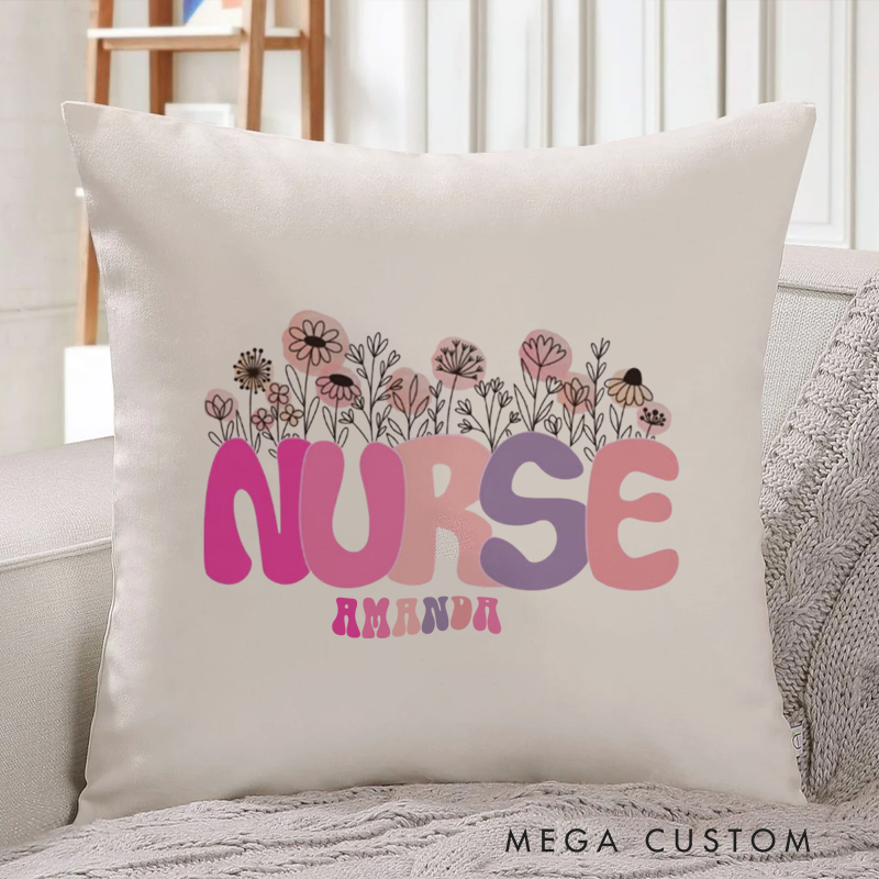 Personalized Nurse Pillow Nurse Arrangement of Hand Drawn Flowers Throw Pillow Appreciation Gift for Nurse