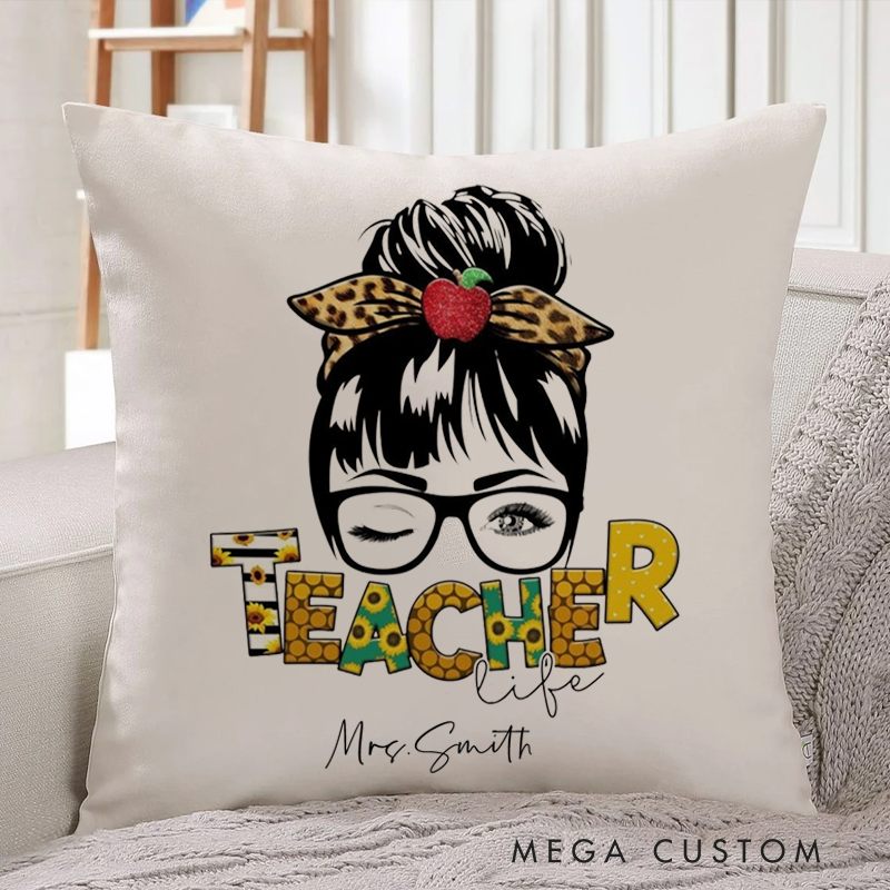 Personalized Teachers Pillow Illustration of a Winking Teacher with Glasses Throw Pillow Gift for Teachers