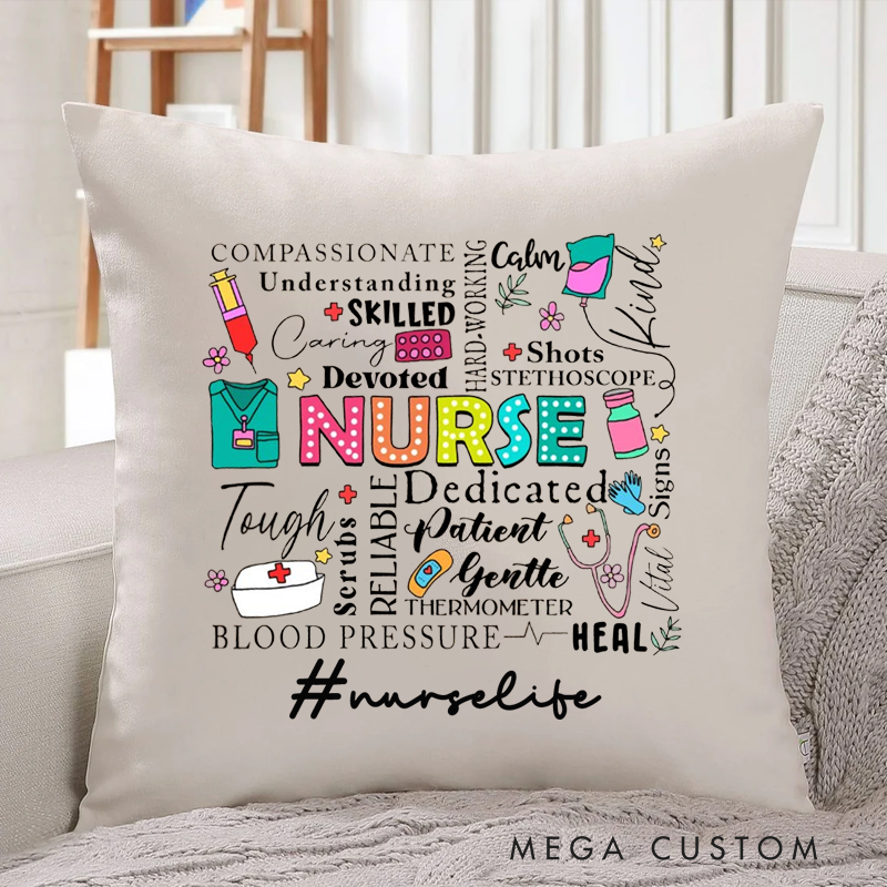 Personalized Nurse Pillow Nursing Related Words and Illustrations Throw Pillow Appreciation Gift for Nurse