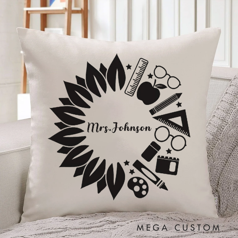 Personalized Teachers Pillow Sunflower Inspired Wreath Made up of School Themed Icons Throw Pillow Gift for Teachers