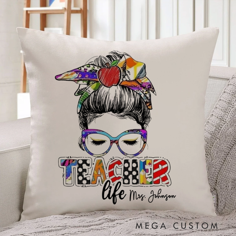 Personalized Teachers Pillow Illustration of a teacher with Glasses Teacher Life Throw Pillow Gift for Teachers