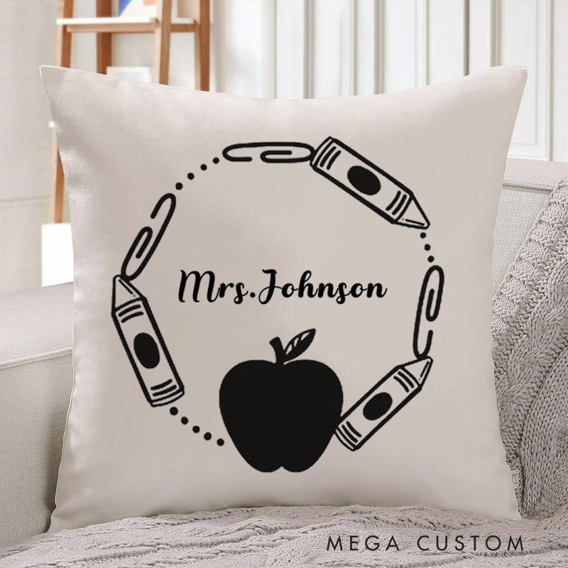 Personalized Teachers Pillow Crayons and Paperclips Surrounding a Apple Throw Pillow Gift for Teachers