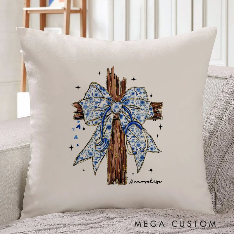 Personalized Nurse Pillow Wooden Cross Adorned with a Blue Ribbon Tied Throw Pillow Appreciation Gift for Nurse
