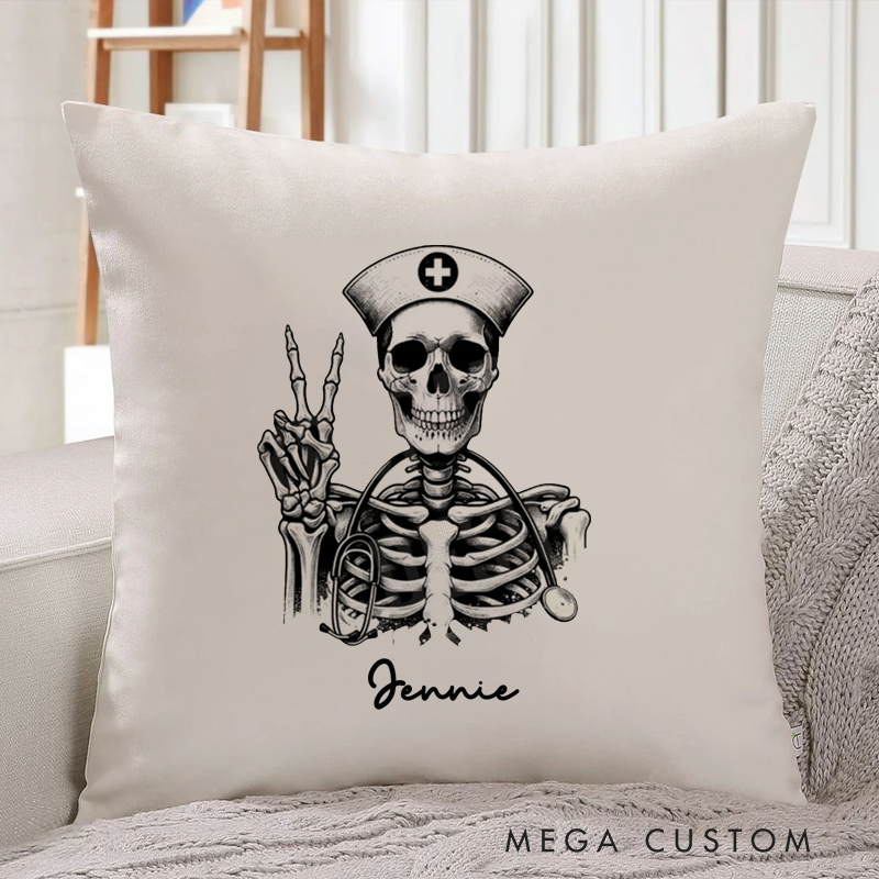 Personalized Nurse Pillow Skeleton Nurse with a Stethoscope Throw Pillow Appreciation Gift for Nurse