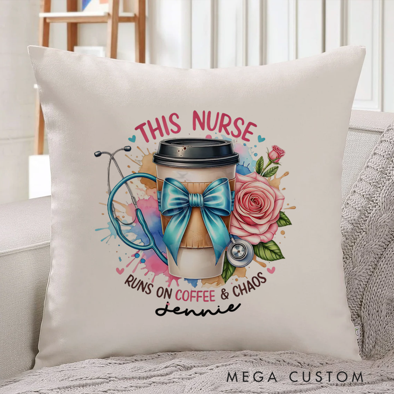 Personalized Nurse Pillow This Nurse Runs on Coffee Chaos Throw Pillow Appreciation Gift for Nurse