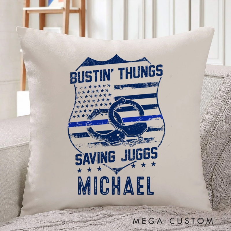 Personalized Policeman Pillow Bustin' Thungs Saving Juggs Throw Pillow Appreciation Gift for Police Officer