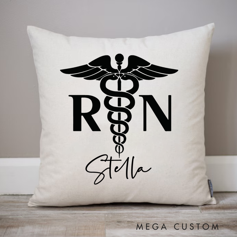 Personalized Nurse Pillow RN Caduceus Symbol Throw Pillow Appreciation Gift for Nurse