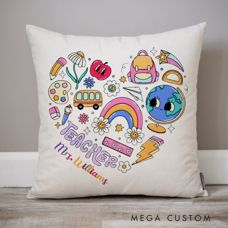 Personalized Teachers Throw Pillow School Related Elements Arranged in a Heart shape Design Appreciation Gift for Teachers