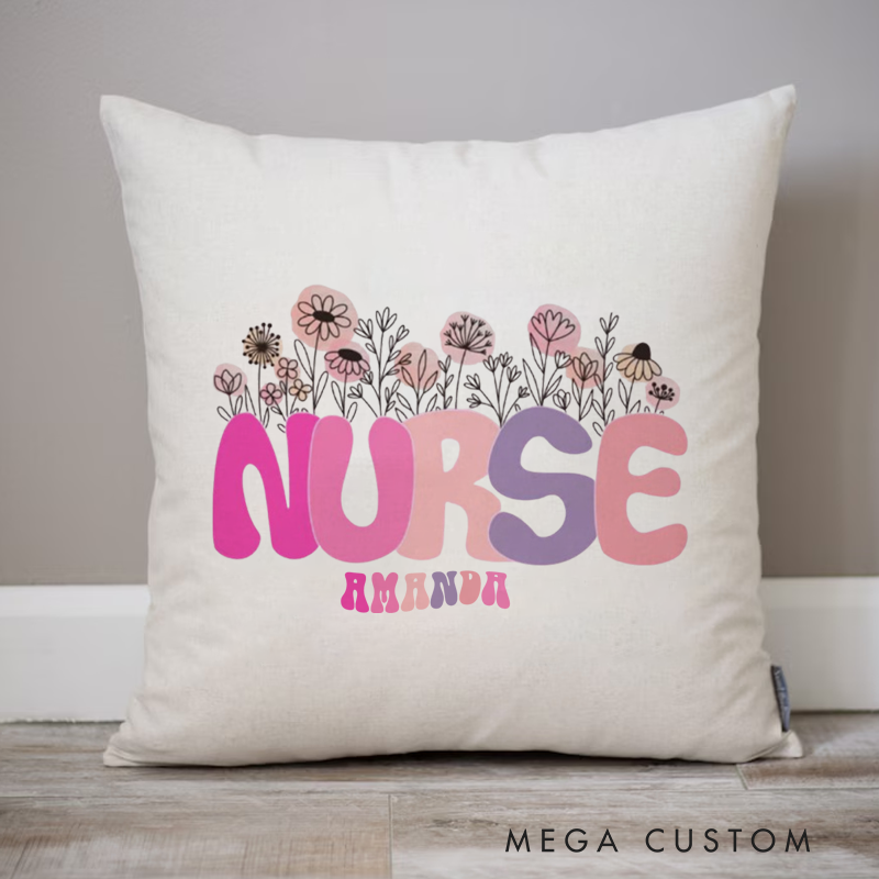 Personalized Nurse Pillow Nurse Arrangement of Hand Drawn Flowers Throw Pillow Appreciation Gift for Nurse