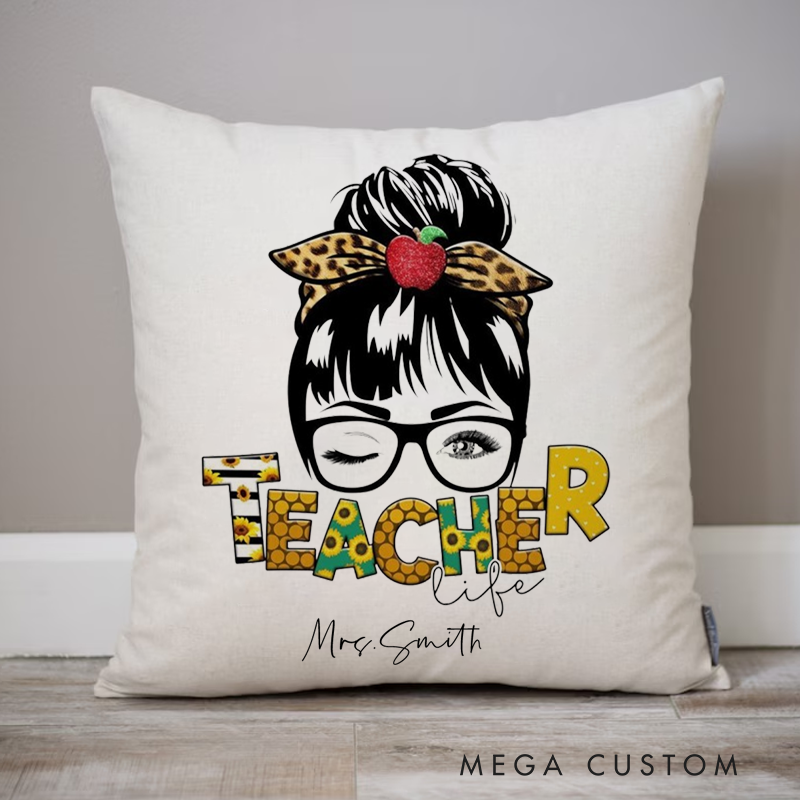 Personalized Teachers Pillow Illustration of a Winking Teacher with Glasses Throw Pillow Gift for Teachers