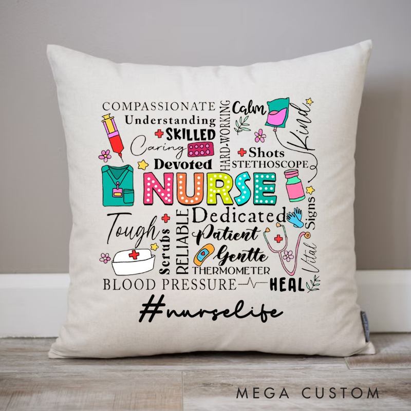 Personalized Nurse Pillow Nursing Related Words and Illustrations Throw Pillow Appreciation Gift for Nurse