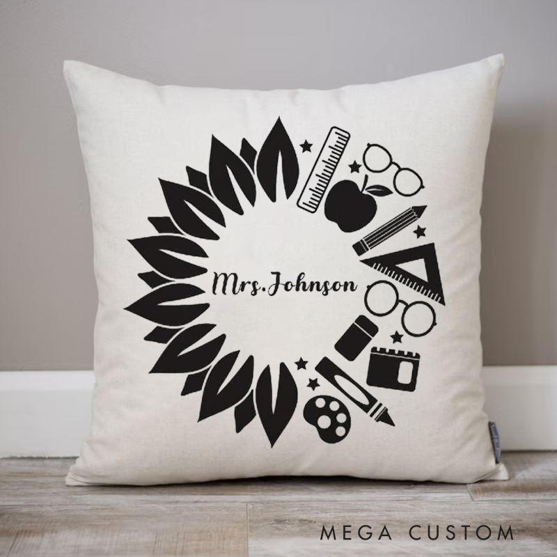 Personalized Teachers Pillow Sunflower Inspired Wreath Made up of School Themed Icons Throw Pillow Gift for Teachers