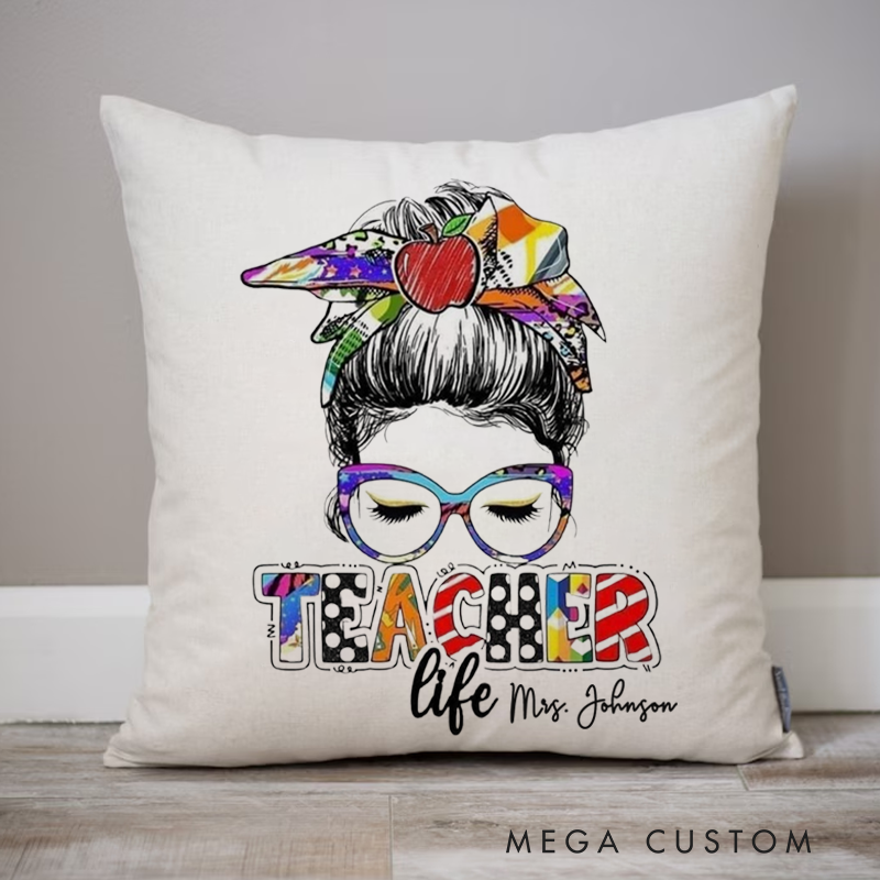 Personalized Teachers Pillow Illustration of a teacher with Glasses Teacher Life Throw Pillow Gift for Teachers
