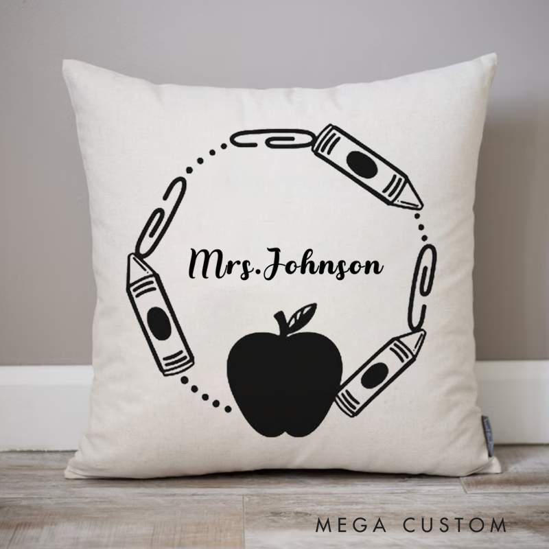 Personalized Teachers Pillow Crayons and Paperclips Surrounding a Apple Throw Pillow Gift for Teachers