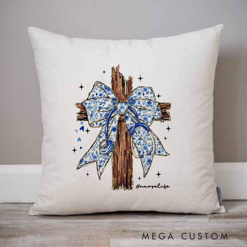 Personalized Nurse Pillow Wooden Cross Adorned with a Blue Ribbon Tied Throw Pillow Appreciation Gift for Nurse