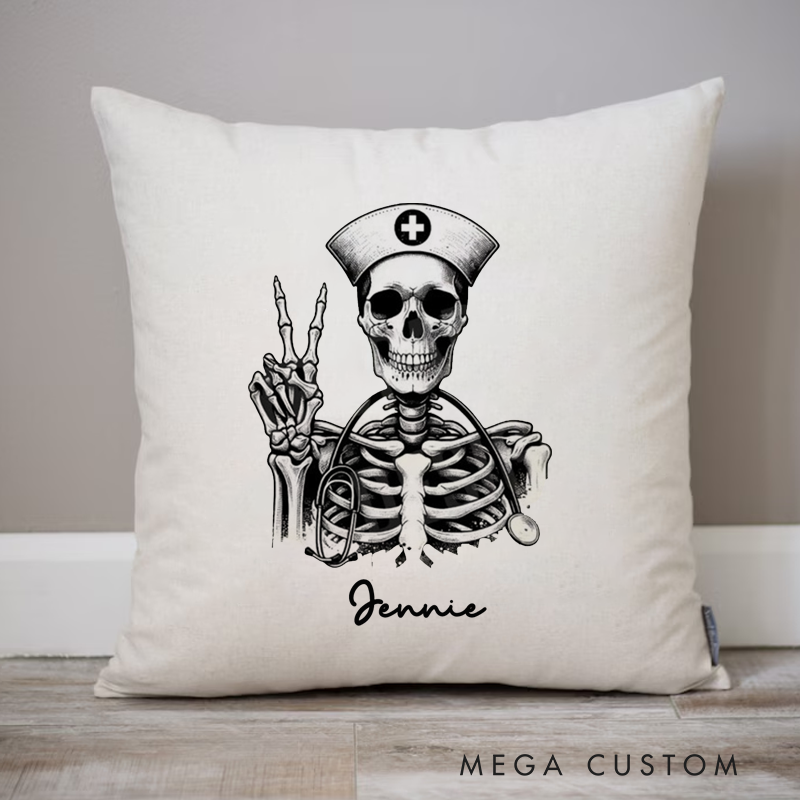 Personalized Nurse Pillow Skeleton Nurse with a Stethoscope Throw Pillow Appreciation Gift for Nurse